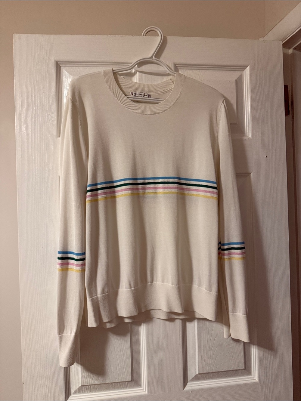 Tommy Hilfiger Cream Crewneck Sweater with Blue, Yellow, Pink & Black Stripes